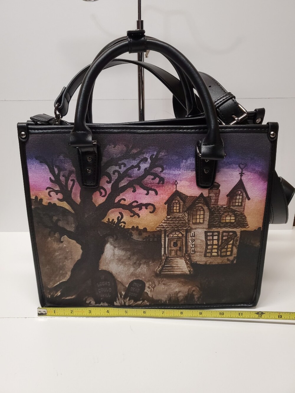 Betsey Johnson Halloween tote bag with bat charm featuring haunted house graphic - Picture 4 of 8